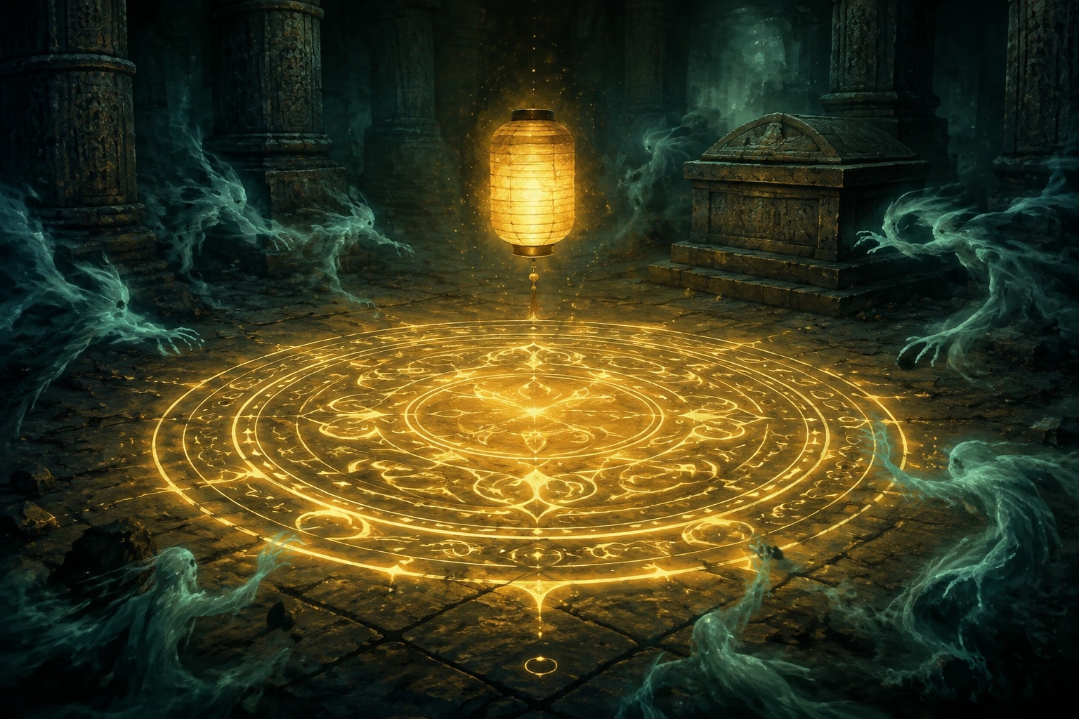 Lanterne dorée projetant un glyphe circulaire dans une crypte sombre tandis que des spectres bleuâtres reculent, illustration de la mécanique de la Lanterne des Spiritueurs