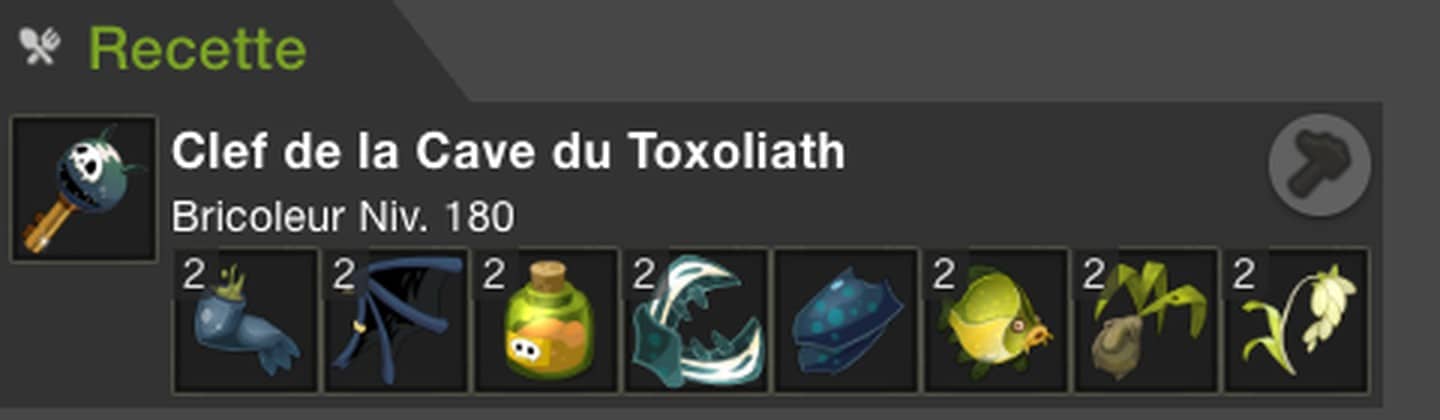 Recette de la Clef de la Cave du Toxoliath sur DofusDB : sept ingredients en deux exemplaires et une Chitine de Necrotique sans pastille de quantite, metier Bricoleur niveau 180
