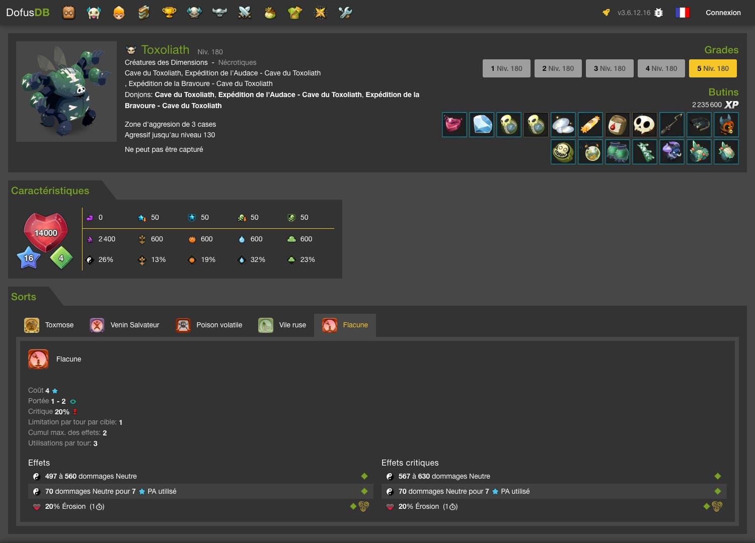 Fiche DofusDB du boss Toxoliath au grade 5 : 14000 PV, 16 PA, 4 PM, resistances identiques 26 13 19 32 23 pour cent, butins affiches a 2235600 XP, et les cinq onglets de sorts Toxmose, Venin Salvateur, Poison volatile, Vile ruse et Flacune