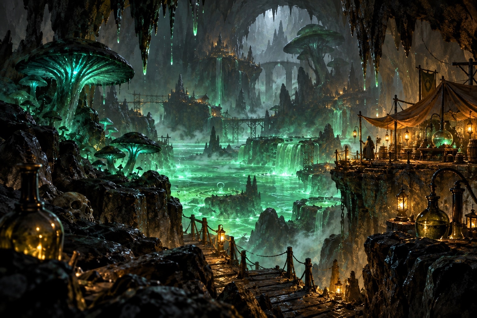 Caverne souterraine aux bassins de venin vert fluo, champignons luminescents et lanternes dorées d un camp d alchimiste, ambiance de la dimension de Srambad dans Dofus