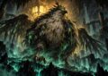 Créature aviaire colossale au plumage malade dressée dans une caverne empoisonnée éclairée d'une lumière dorée, illustration du boss Toxoliath dans Dofus
