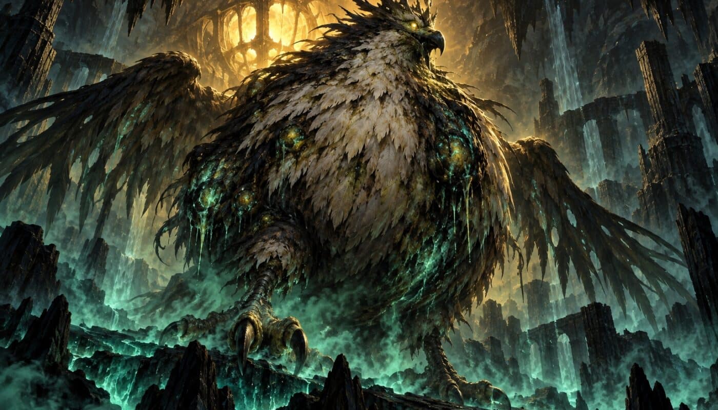 Créature aviaire colossale au plumage malade dressée dans une caverne empoisonnée éclairée d'une lumière dorée, illustration du boss Toxoliath dans Dofus