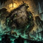 Créature aviaire colossale au plumage malade dressée dans une caverne empoisonnée éclairée d'une lumière dorée, illustration du boss Toxoliath dans Dofus