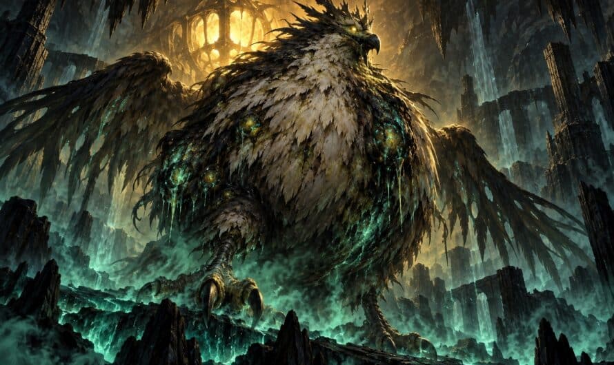 Créature aviaire colossale au plumage malade dressée dans une caverne empoisonnée éclairée d'une lumière dorée, illustration du boss Toxoliath dans Dofus