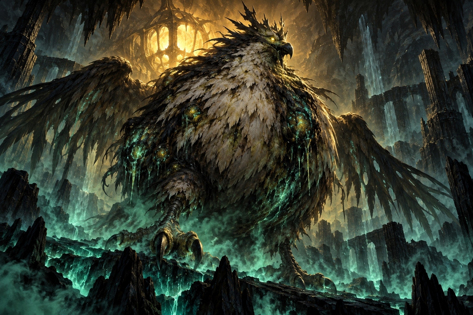 Créature aviaire colossale au plumage malade dressée dans une caverne empoisonnée éclairée d'une lumière dorée, illustration du boss Toxoliath dans Dofus