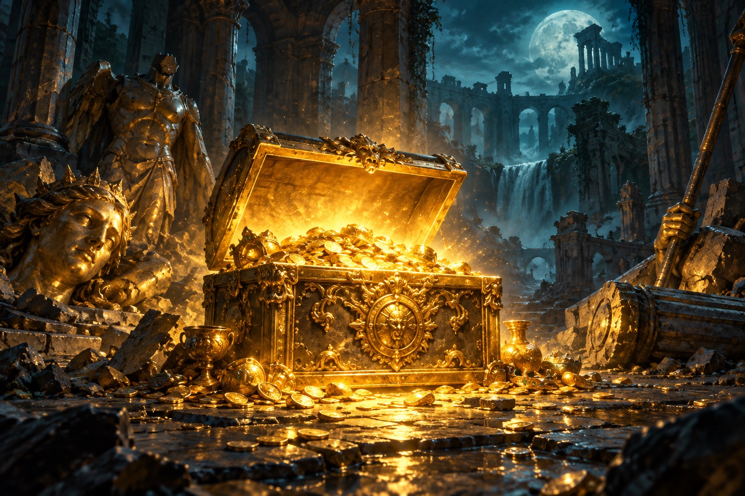 Coffre doré ouvert dans les ruines anciennes de la dimension Enutrosor de Dofus, illustration