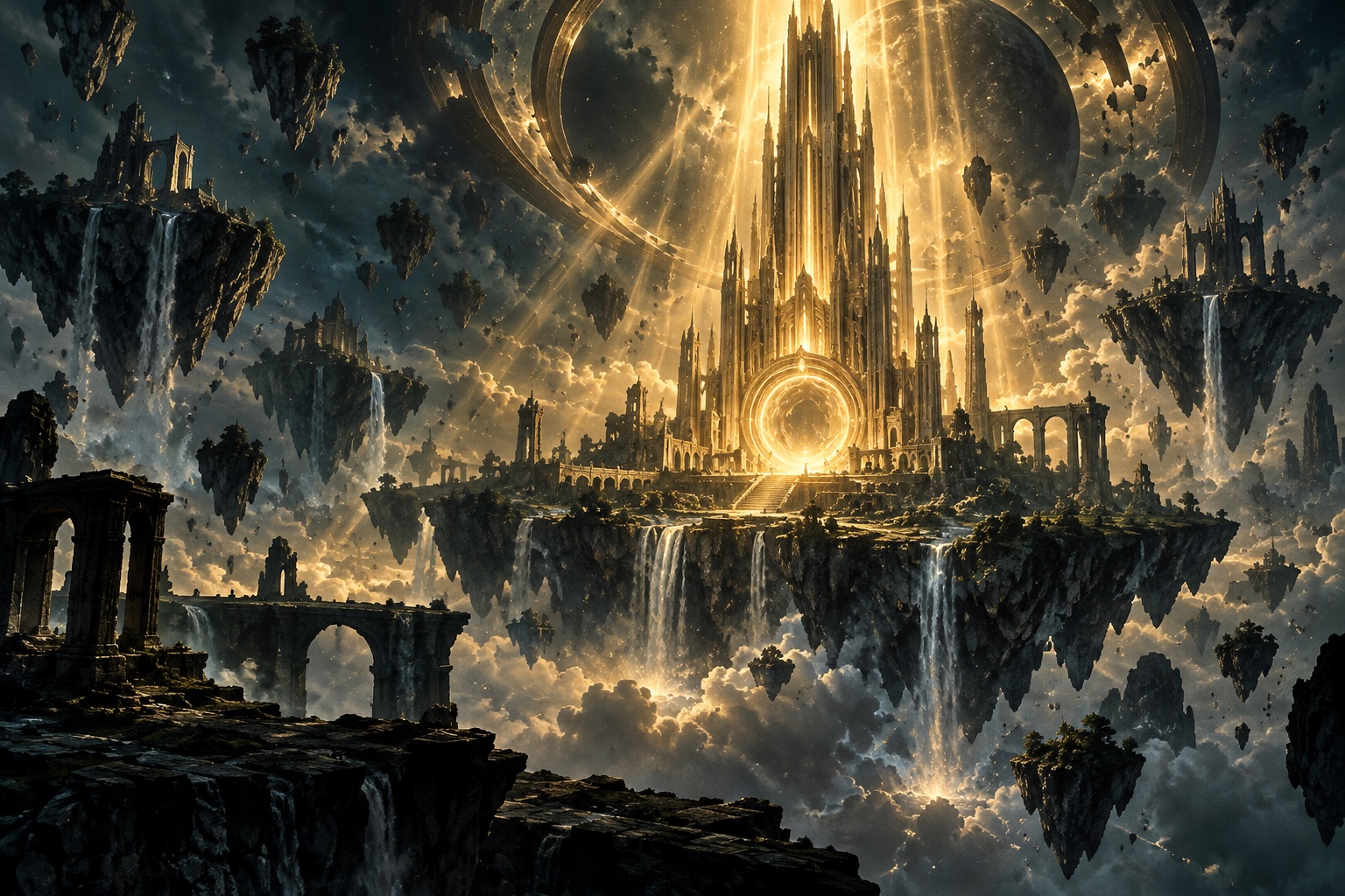 La Tour des Voyageurs et son portail doré dans la dimension Enutrosor de Dofus, illustration