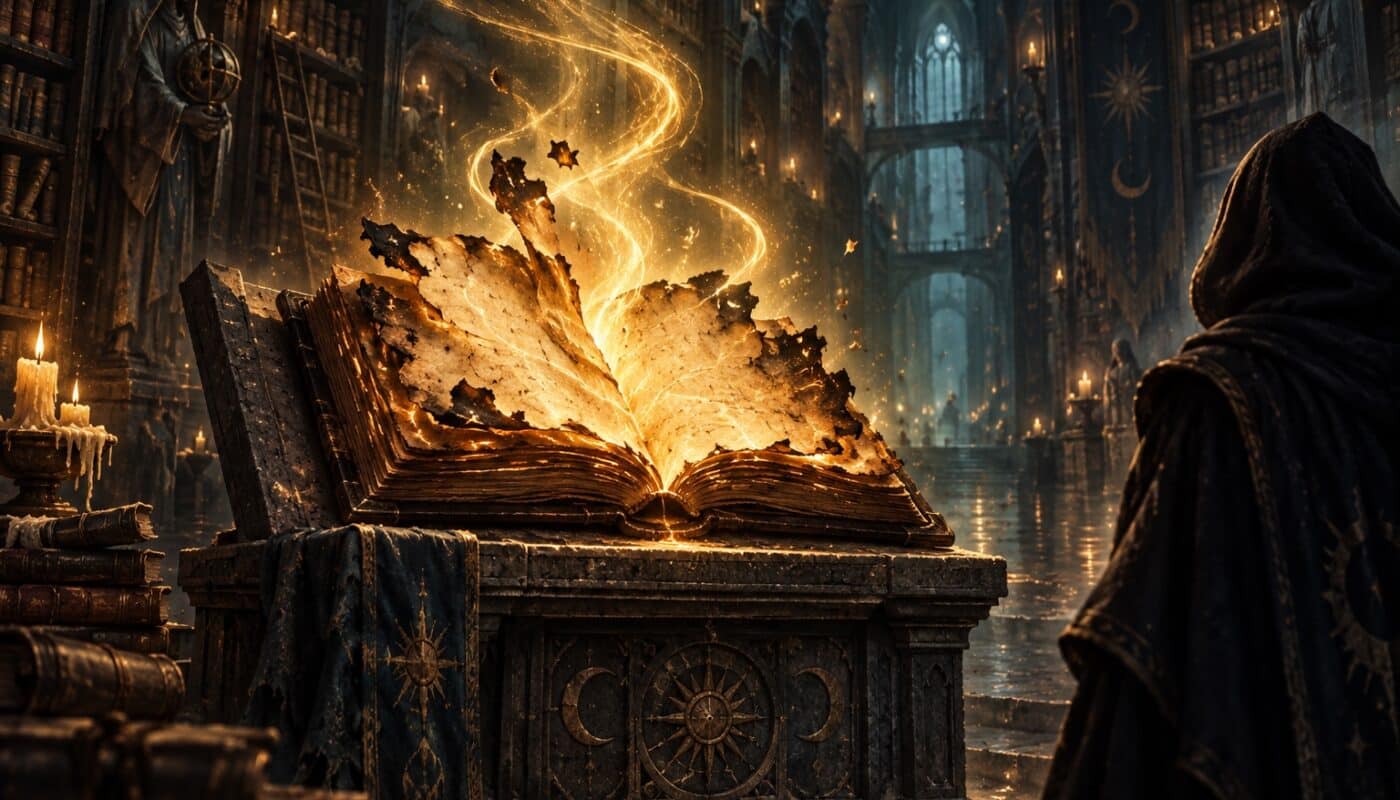 Le livre calciné de la quête Restauration rapide, ravivé par la magie dorée du Mage Ax sur Dofus