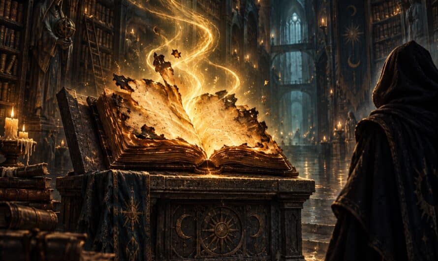 Le livre calciné de la quête Restauration rapide, ravivé par la magie dorée du Mage Ax sur Dofus