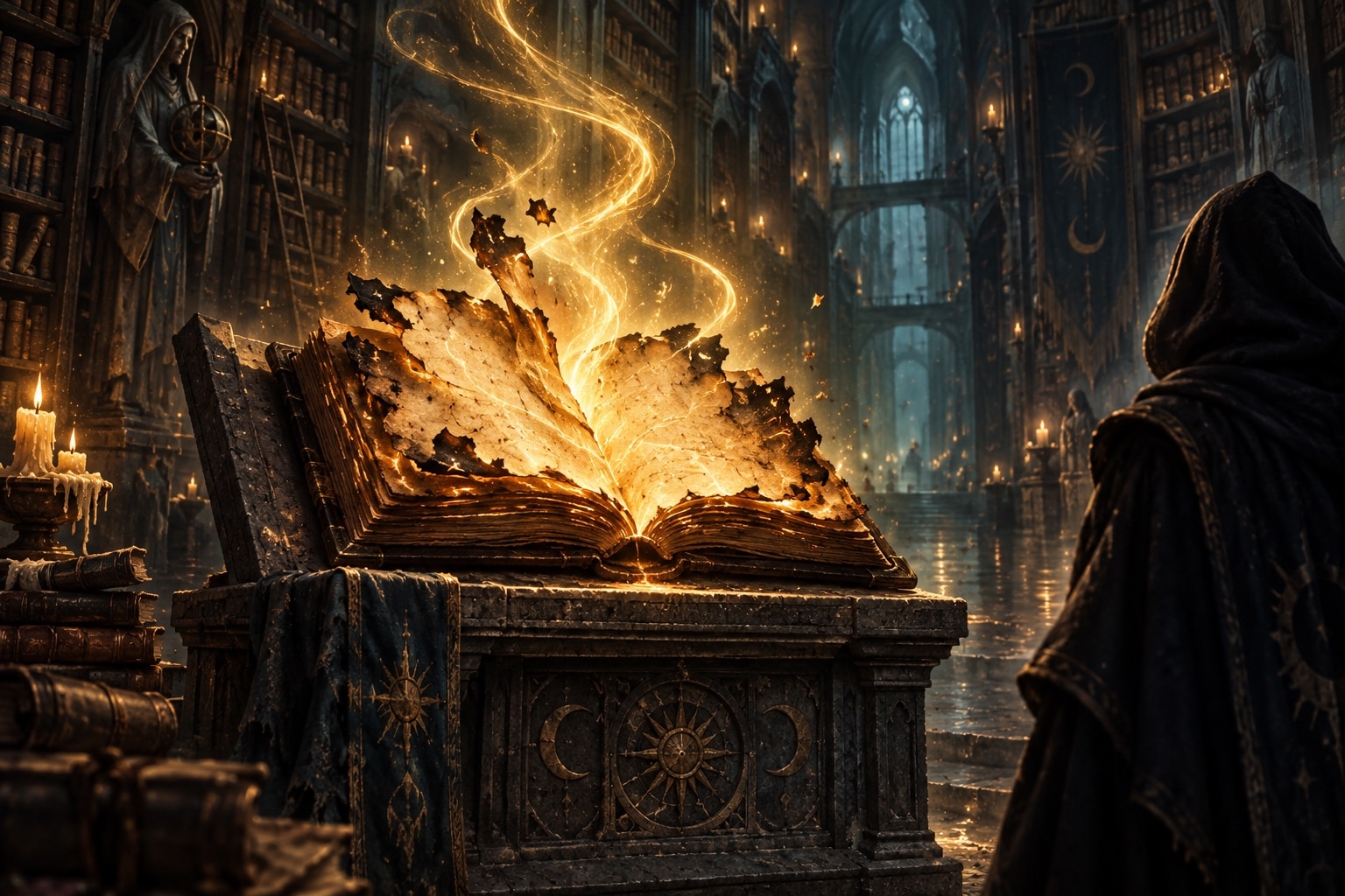 Le livre calciné de la quête Restauration rapide, ravivé par la magie dorée du Mage Ax sur Dofus
