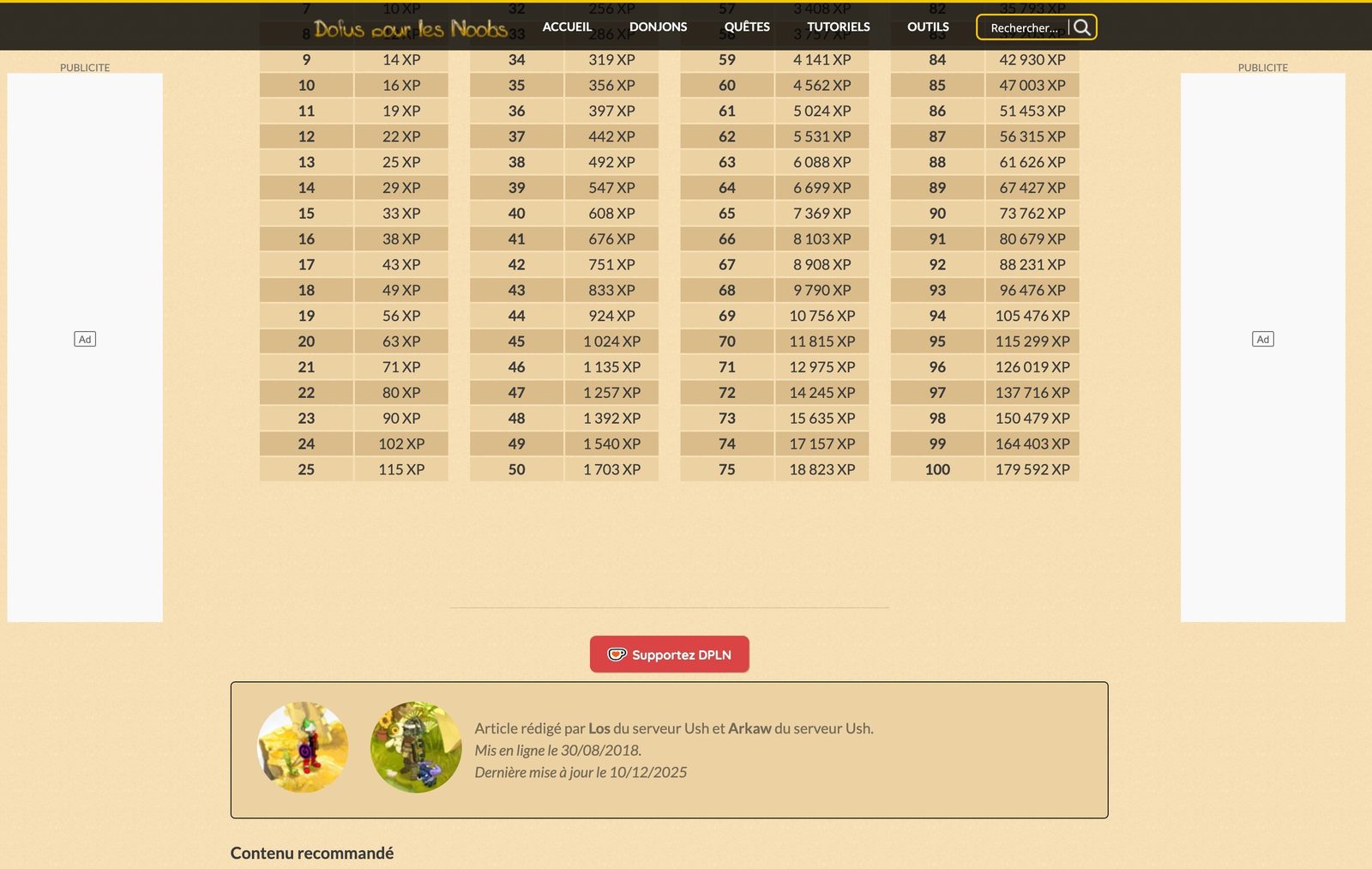 Tableau d’expérience des familiers du niveau 1 au niveau 100, jusqu’à 179 592 XP, publié par Dofus pour les Noobs