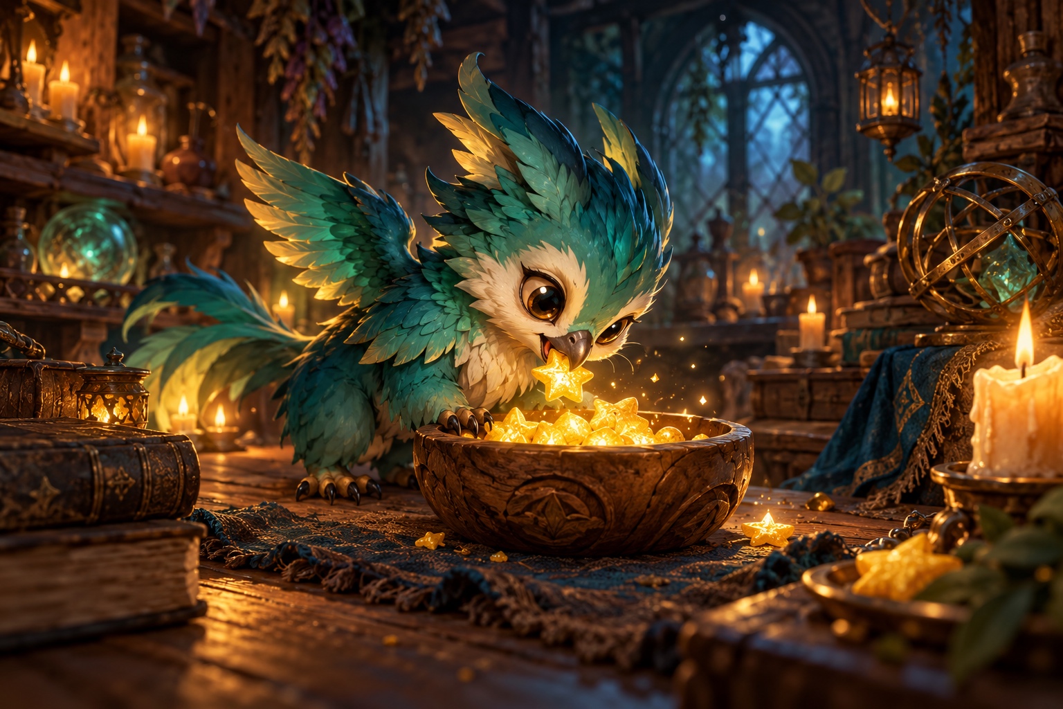 Illustration d’un familier fantastique dégustant des friandises dorées dans un bol en bois, ambiance atelier sombre à la lumière chaude