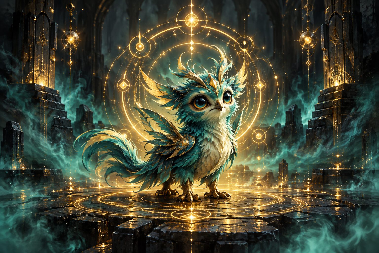 Illustration d’un familier fantastique entouré d’une aura dorée légendaire et d’un cercle runique flottant
