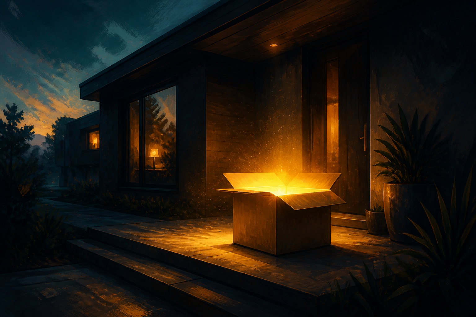Illustration peinte d'un colis de livraison ouvert d'où s'échappe une lumière dorée, posé le soir devant une maison