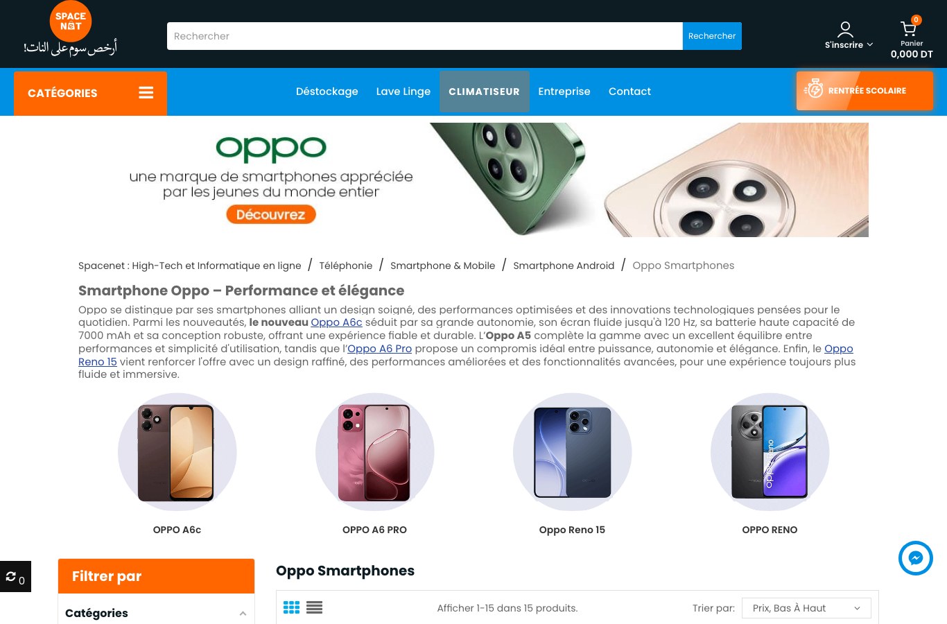 Page Oppo Smartphones du site Spacenet avec la bannière OPPO et les modèles OPPO A6c, A5, A6 Pro et Reno 15, prix affichés en dinars tunisiens