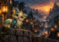 Familier Dofus : petit compagnon fantastique aux plumes bleu-vert et au front doré, posé sur un muret de pierre dans un village fantasy au crépuscule