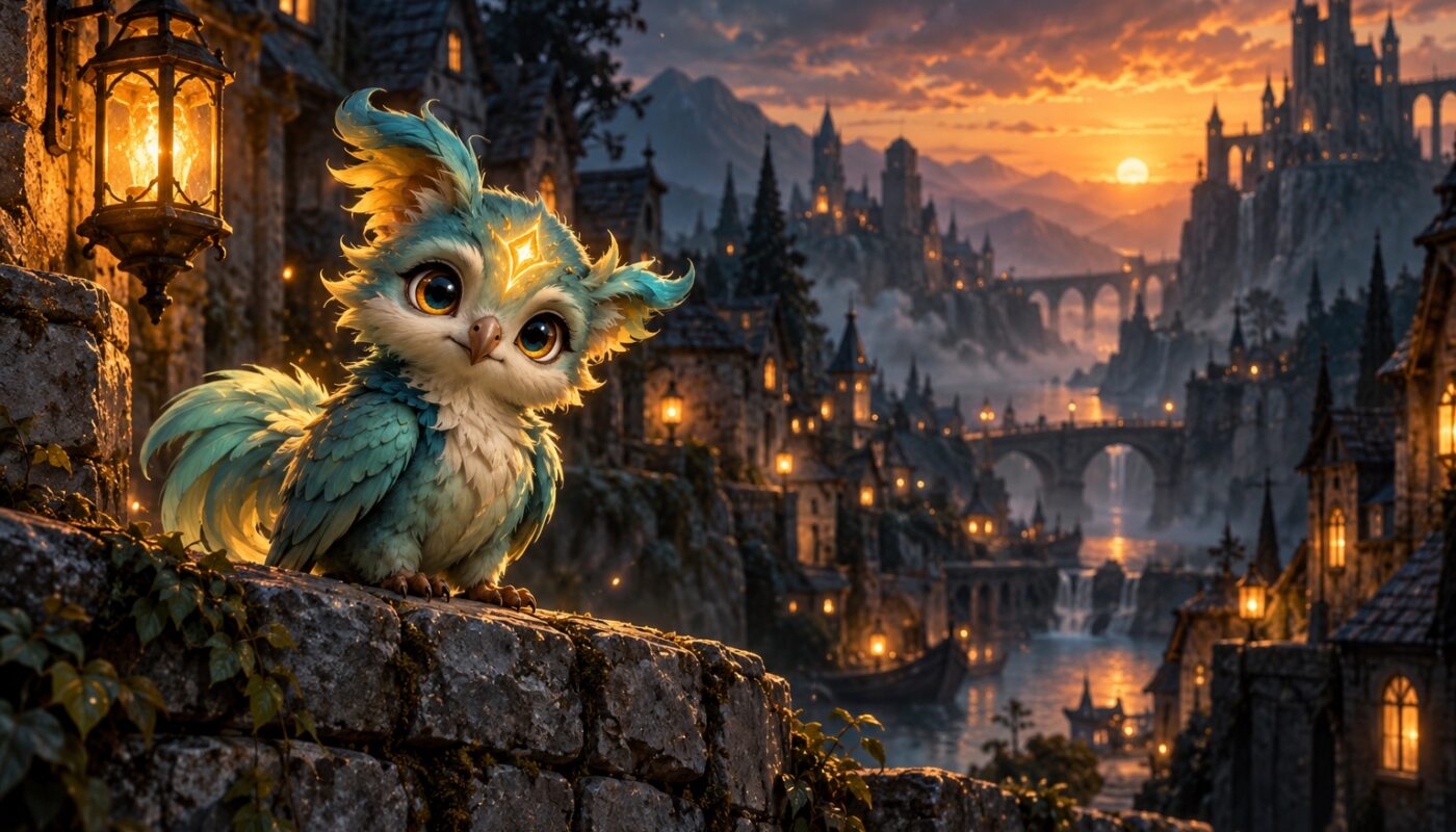 Familier Dofus : petit compagnon fantastique aux plumes bleu-vert et au front doré, posé sur un muret de pierre dans un village fantasy au crépuscule