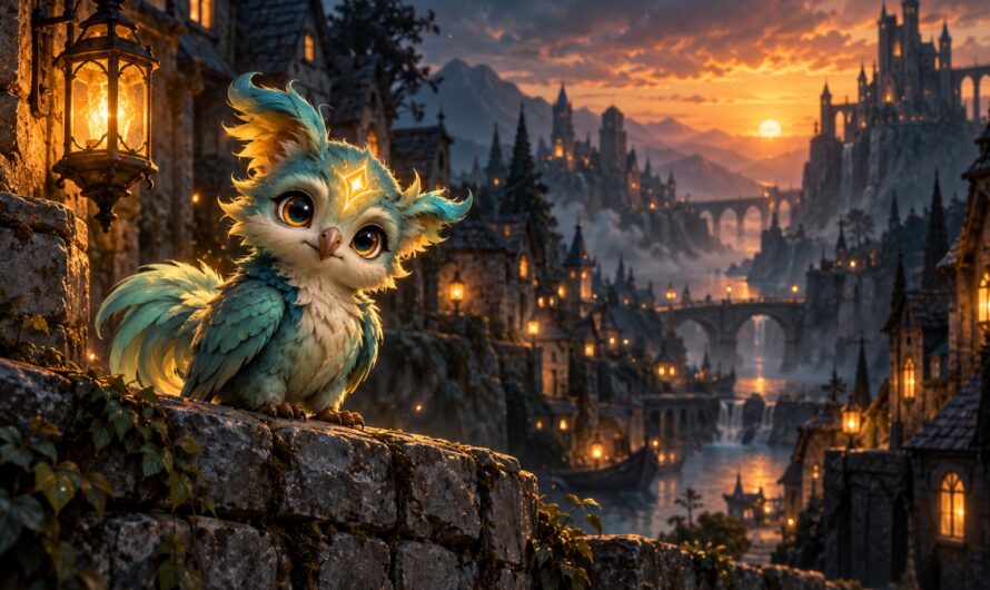 Familier Dofus : petit compagnon fantastique aux plumes bleu-vert et au front doré, posé sur un muret de pierre dans un village fantasy au crépuscule