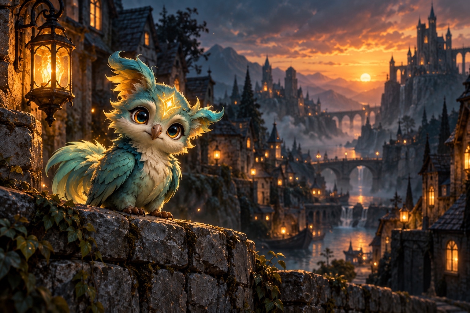 Familier Dofus : petit compagnon fantastique aux plumes bleu-vert et au front doré, posé sur un muret de pierre dans un village fantasy au crépuscule