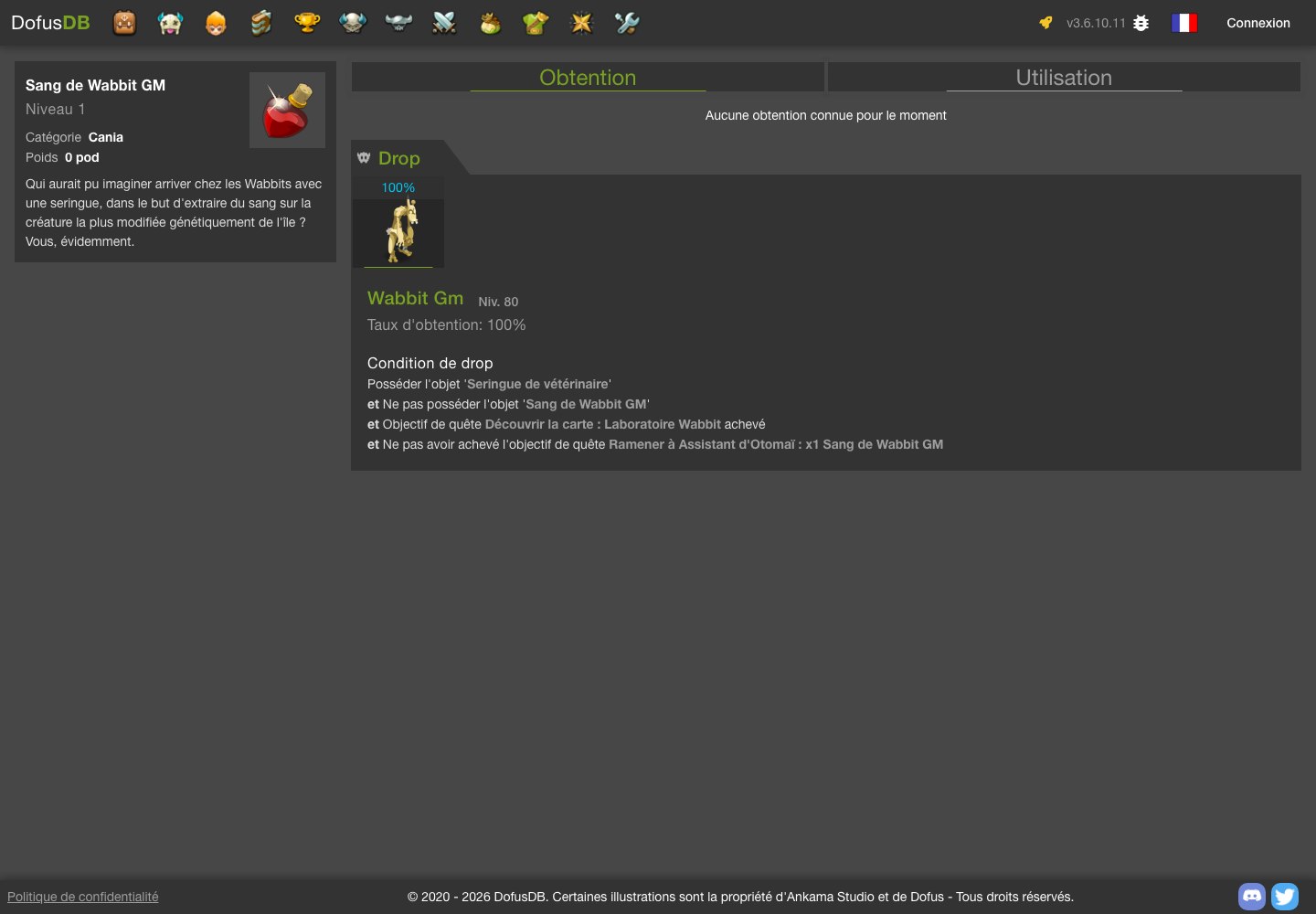 Conditions de drop du Sang de Wabbit GM sur la fiche DofusDB : 100 % sous 4 conditions
