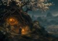 Illustration : le repaire cache de l ermite sous l arbre aux fleurs blanches, lumiere doree, ambiance Dofus