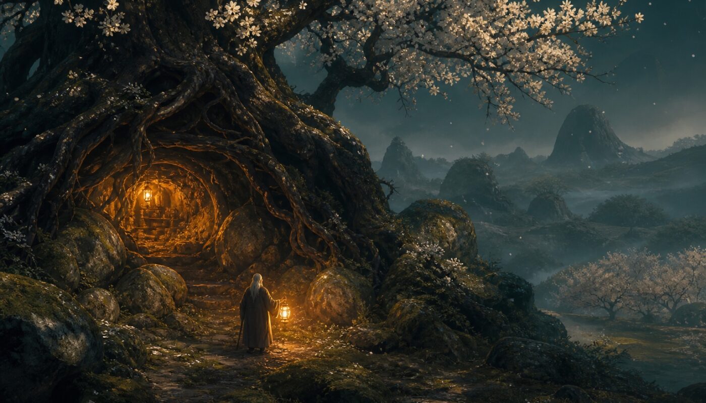 Illustration : le repaire cache de l ermite sous l arbre aux fleurs blanches, lumiere doree, ambiance Dofus