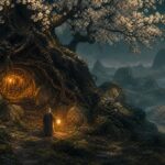 Illustration : le repaire cache de l ermite sous l arbre aux fleurs blanches, lumiere doree, ambiance Dofus