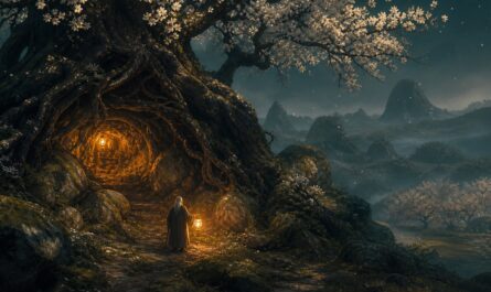 Illustration : le repaire cache de l ermite sous l arbre aux fleurs blanches, lumiere doree, ambiance Dofus