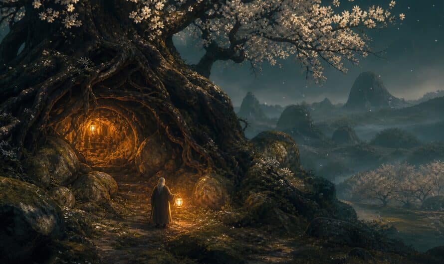 Illustration : le repaire cache de l ermite sous l arbre aux fleurs blanches, lumiere doree, ambiance Dofus