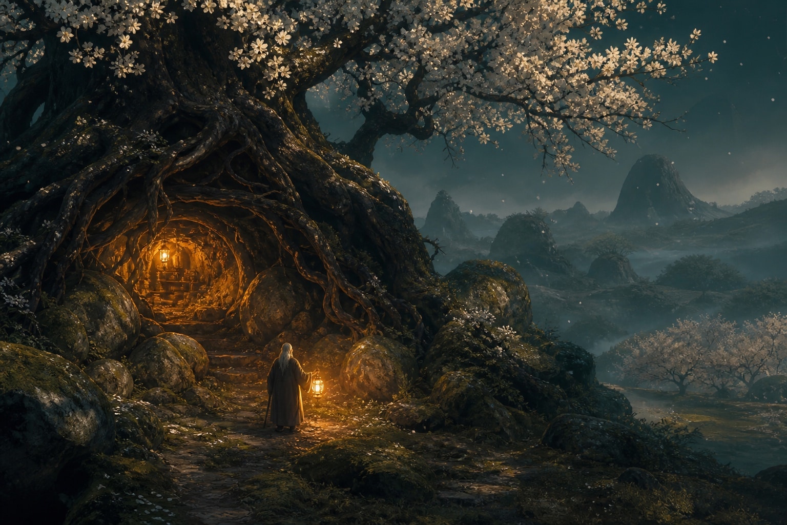 Illustration : le repaire cache de l ermite sous l arbre aux fleurs blanches, lumiere doree, ambiance Dofus