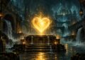 Comme un poison dans l'eau Dofus : un coeur dore lumineux au-dessus des egouts de Srambad (illustration)