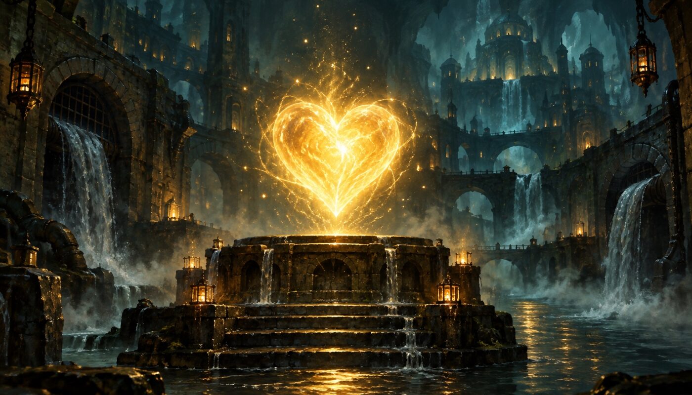 Comme un poison dans l'eau Dofus : un coeur dore lumineux au-dessus des egouts de Srambad (illustration)