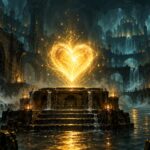 Comme un poison dans l'eau Dofus : un coeur dore lumineux au-dessus des egouts de Srambad (illustration)