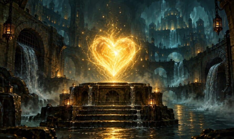 Comme un poison dans l'eau Dofus : un coeur dore lumineux au-dessus des egouts de Srambad (illustration)