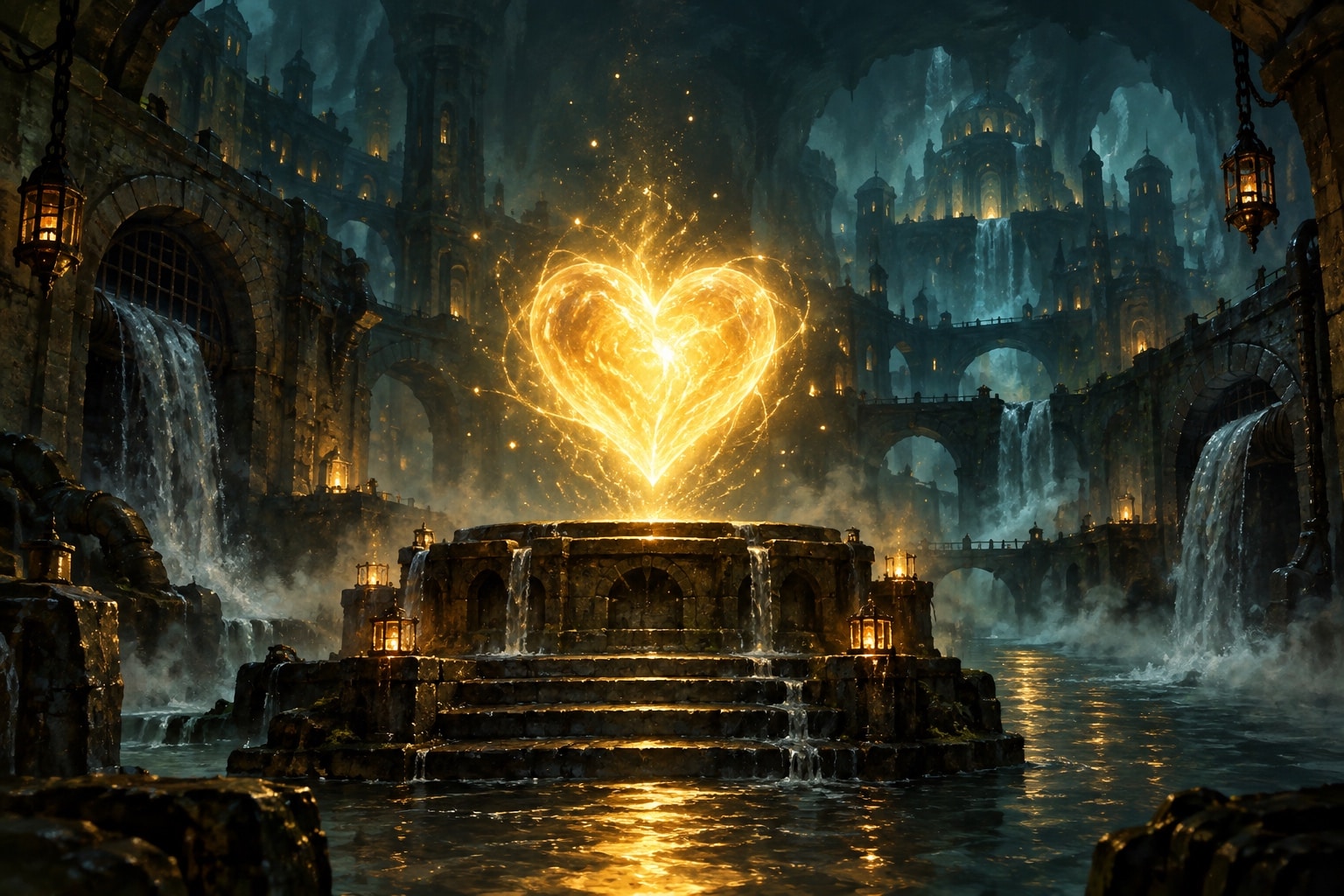 Comme un poison dans l'eau Dofus : un coeur dore lumineux au-dessus des egouts de Srambad (illustration)