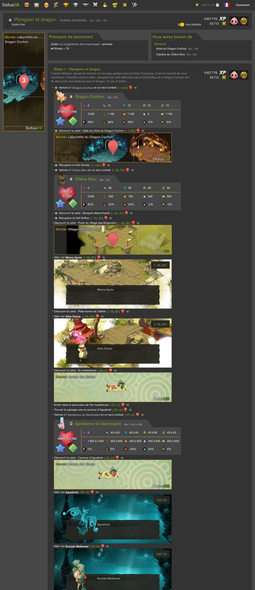 Fiche DofusDB de la quête Plongeon et dragon : vaincre le Dragon Cochon en un seul combat en moins 1,33 puis le Chêne Mou en moins 14,13, récompenses 4927776 XP et 53712 kamas