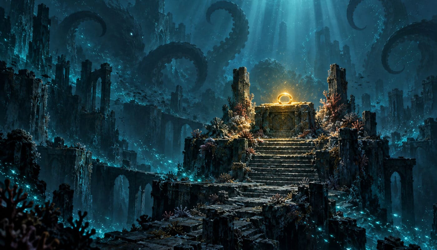 Illustration peinte des profondeurs abyssales de Sufokia : anneau doré lumineux sur un autel de corail, tentacules dans la brume teal