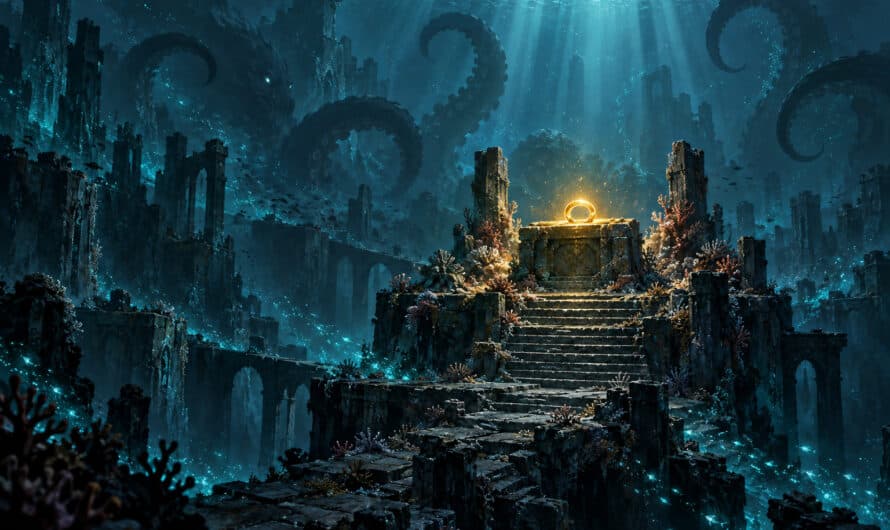 Illustration peinte des profondeurs abyssales de Sufokia : anneau doré lumineux sur un autel de corail, tentacules dans la brume teal