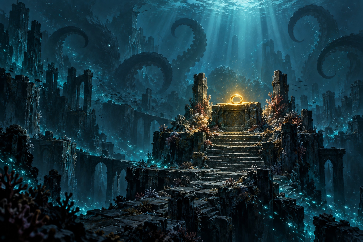 Illustration peinte des profondeurs abyssales de Sufokia : anneau doré lumineux sur un autel de corail, tentacules dans la brume teal
