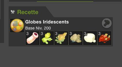 Recette DofusDB des Globes Iridescents niveau 200 : six ressources de récolte en trois exemplaires chacune