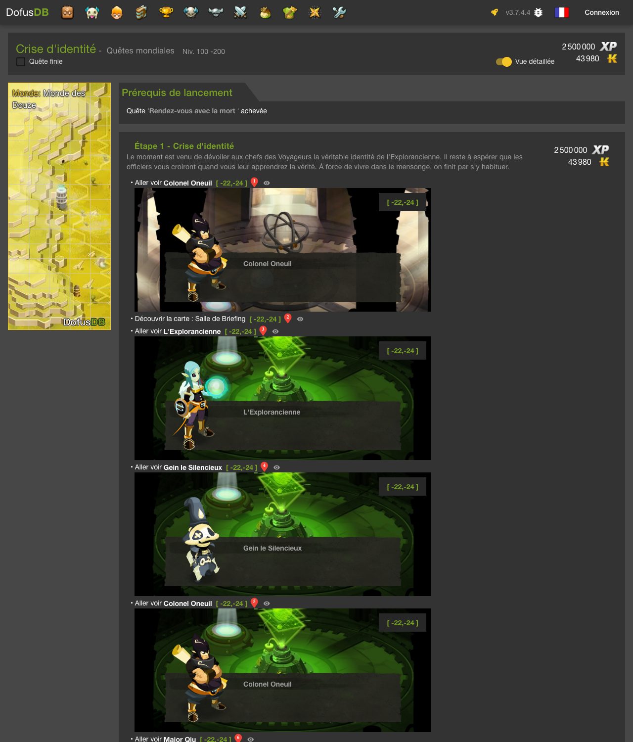 Capture de la page DofusDB de la quête « Crise d’identité » : plage de niveaux de 100 à 200, prérequis « Rendez-vous avec la mort », 2 500 000 XP, 43 980 kamas et premières étapes aux coordonnées [-22,-24].