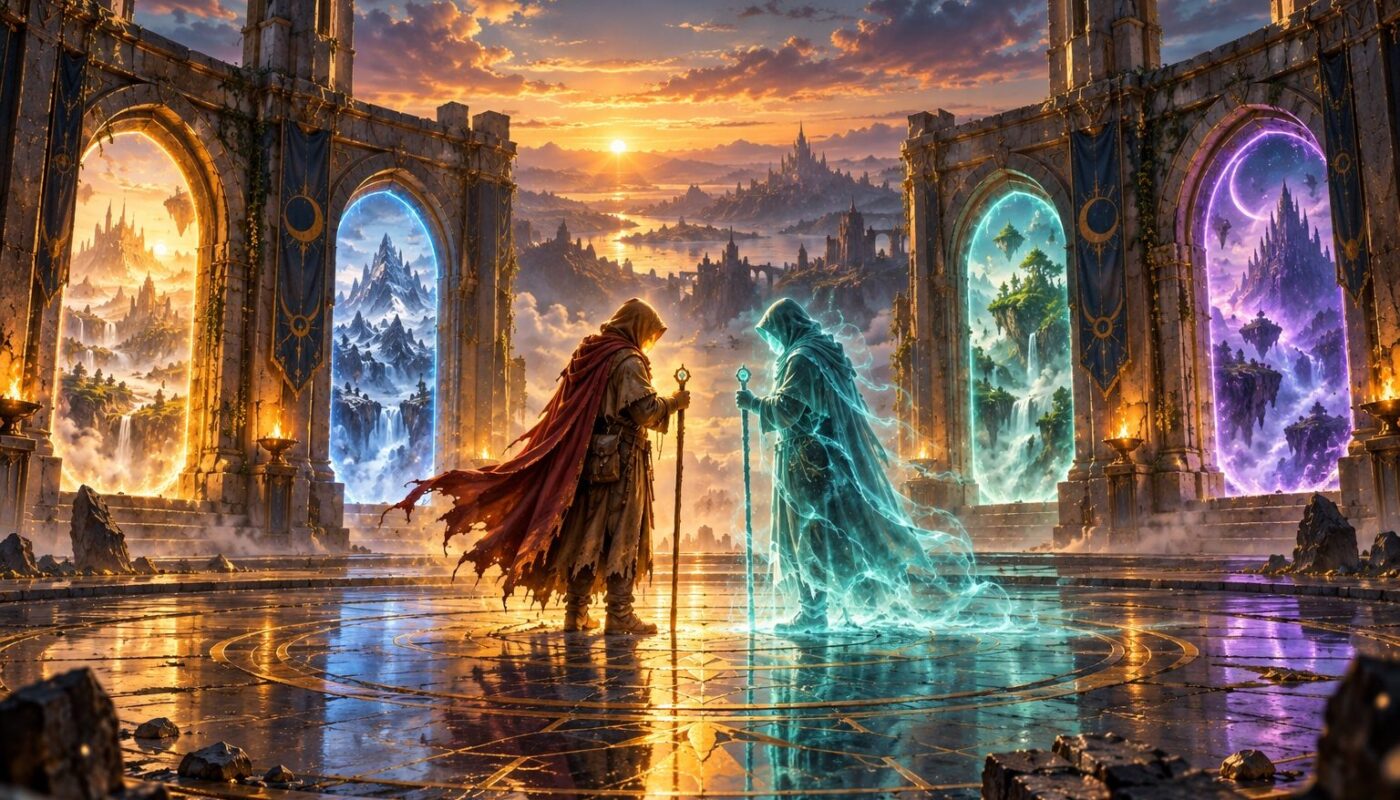 Peinture fantastique vue de face : une vaste salle circulaire au sommet d’une vieille tour de pierre ouverte sur un ciel crépusculaire, des portails lumineux dans les arches tout autour et, au centre, un voyageur encapuchonné armé d’un bâton face à un double translucide bleu-vert de lui-même.