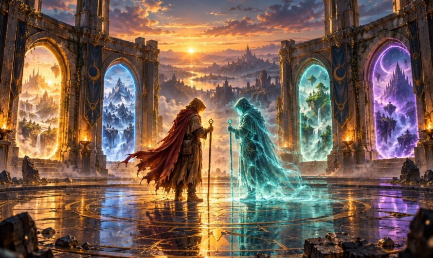 Peinture fantastique vue de face : une vaste salle circulaire au sommet d’une vieille tour de pierre ouverte sur un ciel crépusculaire, des portails lumineux dans les arches tout autour et, au centre, un voyageur encapuchonné armé d’un bâton face à un double translucide bleu-vert de lui-même.