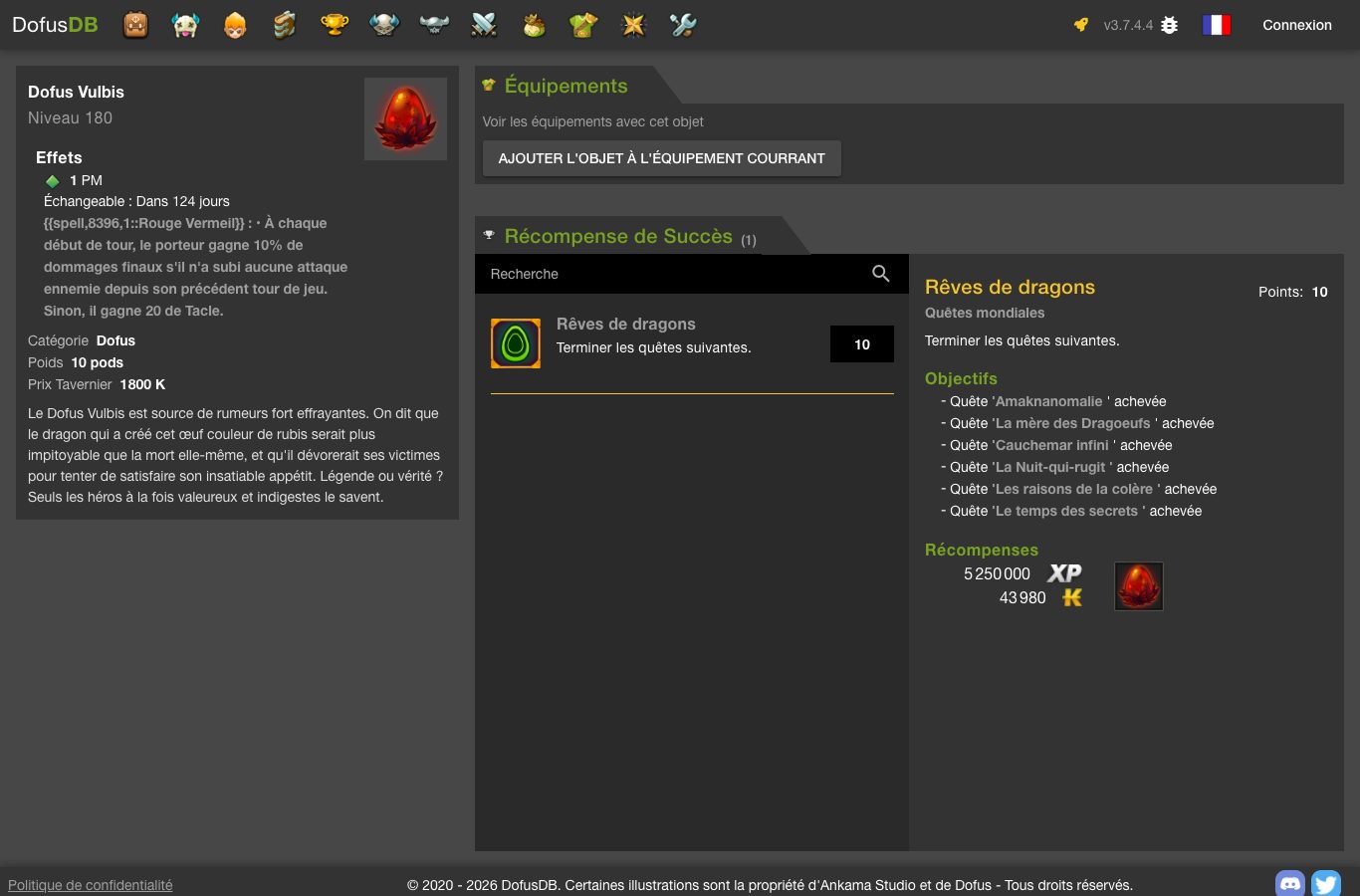Fiche DofusDB du Dofus légendaire : niveau 180 requis, 1 PM, texte de l’effet « Rouge Vermeil », mention « Récompense de Succès » et le succès « Rêves de dragons » avec ses six quêtes