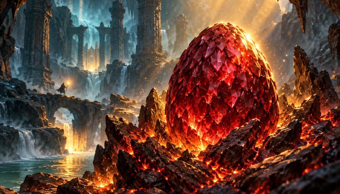 Gros plan sur un œuf de dragon rouge rubis posé sur des braises incandescentes dans une grotte-sanctuaire brumeuse, lumière dorée venant d’en haut, un petit aventurier à la torche au fond