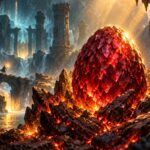 Gros plan sur un œuf de dragon rouge rubis posé sur des braises incandescentes dans une grotte-sanctuaire brumeuse, lumière dorée venant d’en haut, un petit aventurier à la torche au fond