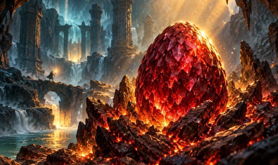 Gros plan sur un œuf de dragon rouge rubis posé sur des braises incandescentes dans une grotte-sanctuaire brumeuse, lumière dorée venant d’en haut, un petit aventurier à la torche au fond