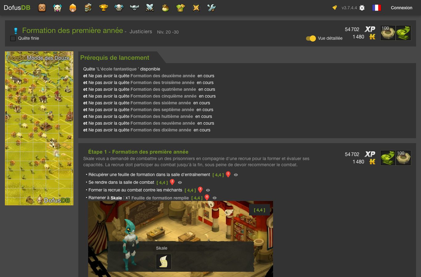 Capture de la fiche DofusDB de la quête « Formation des première année », affichée Niv. 20 à 30 : récompenses de 1 480 kamas, 100 Avitons, une Étoffe Mystérieuse et 54 702 XP, avec les prérequis de lancement et le rapport à faire à Skale en [4,4].