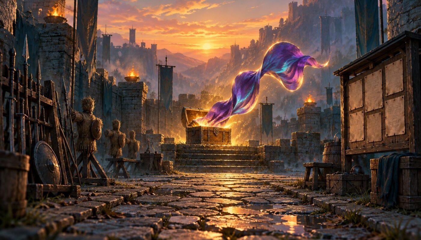Cour d’une forteresse de pierre au crépuscule : au bout d’un chemin de pierre usé, un coffre de bois ouvert laisse s’élever dans une lumière dorée une longueur d’étoffe violette aux reflets turquoise, mannequins de paille et râtelier d’armes à gauche, panneau d’affiches de parchemin vierges à droite.