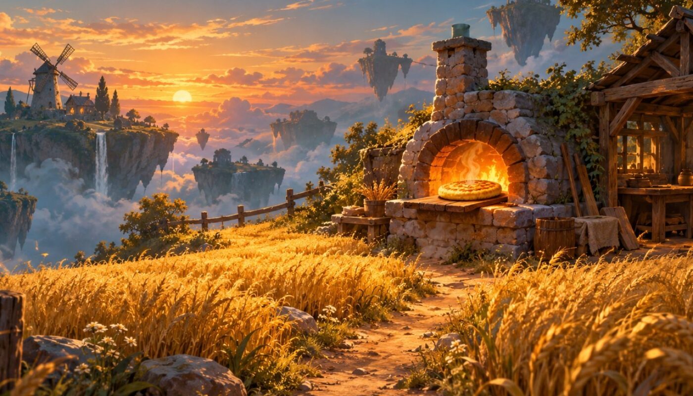 Paysage peint au coucher du soleil sur une petite île flottante : un champ de blé doré traversé par un chemin de terre mène à un four à pain de pierre luisant de l’intérieur, adossé à un petit atelier de bois ; une galette ronde et dorée repose sur un plateau de bois au rebord du four ; à gauche, un moulin et une chaumière se dressent sur une falaise aux cascades, et des îlots flottent dans les nuages.